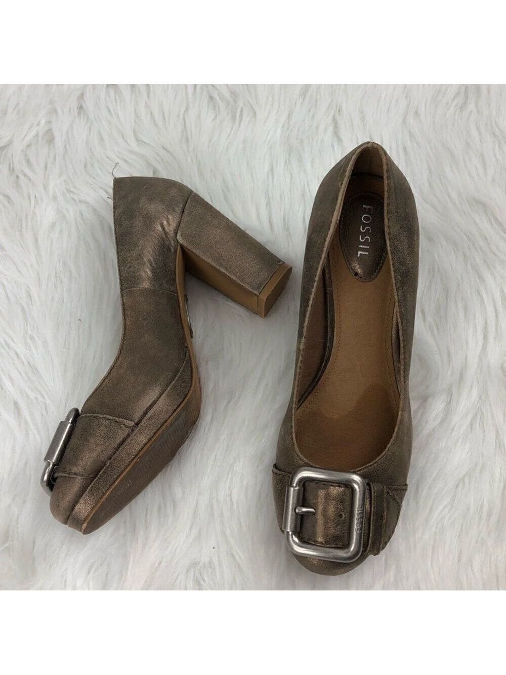 Fossil Metallic Leather Buckle Block Heeled Shoes